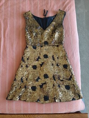 Tracy Reese Gold and Black Embellished V-Neck Mini Dress